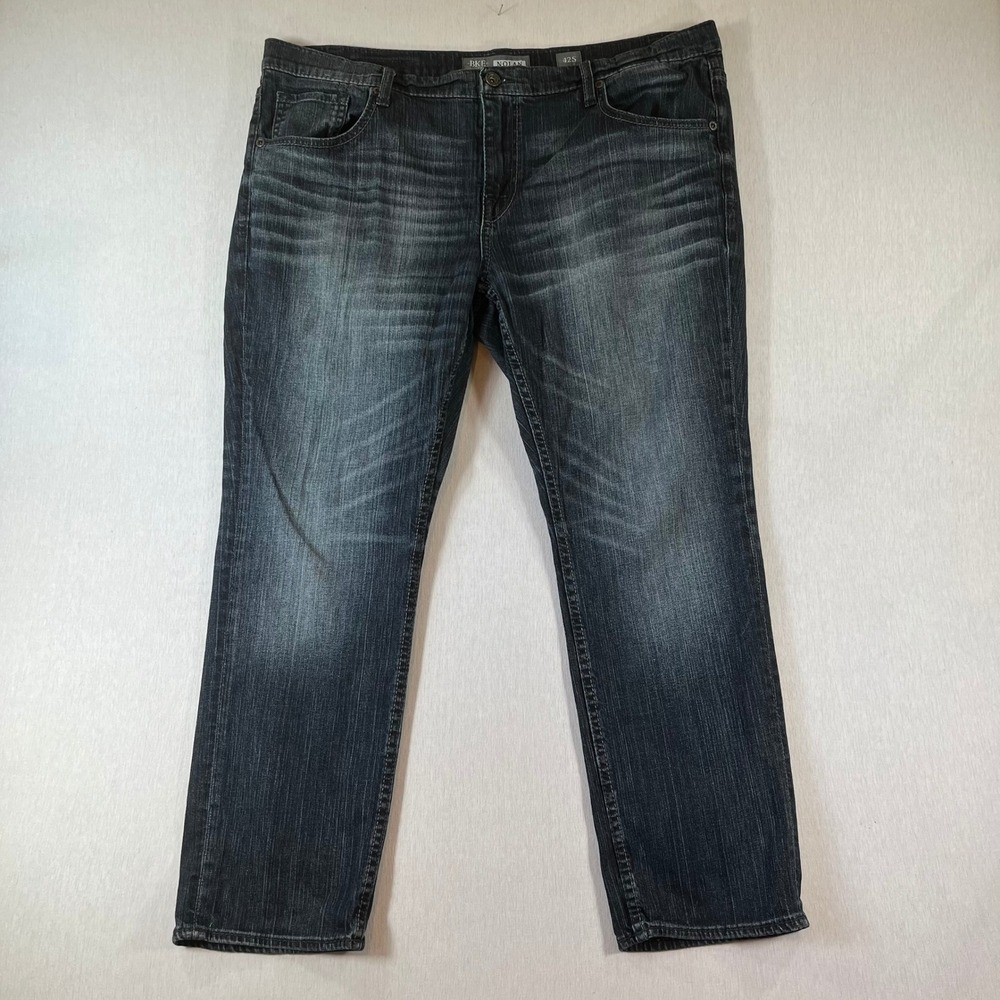 BKE Nolan Jeans Men 42S (42x29) Straight Leg Dark Wash Stretch Whiskered Faded